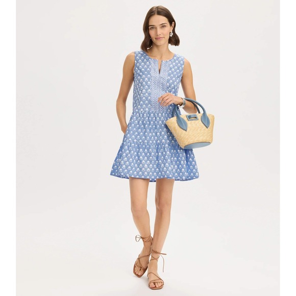 RNWK Dresses & Skirts - RNWK Floral Block Print Tiered Cotton Mini Dress Blue White Medium Preppy